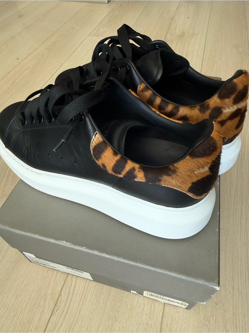 Alexander McQueen Black Leather Sneakers with Leopard Heel